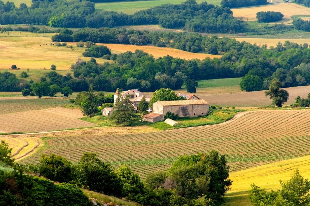 ferme provençale traditionnelle entourée de champs cultivés en Provence